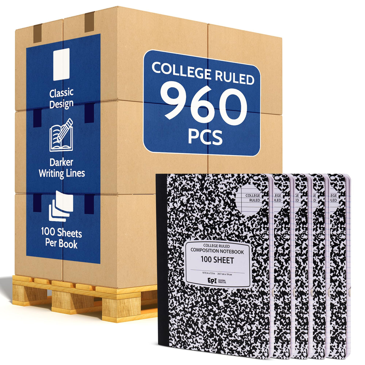 4 Pack - EPI Marble Hardcover Wide Ruled Composition Notebook | 200 Pages (100 Sheets), 9.75 x 7.5 in, Sturdy Sewn Binding | School, Office, Journaling, Notes
