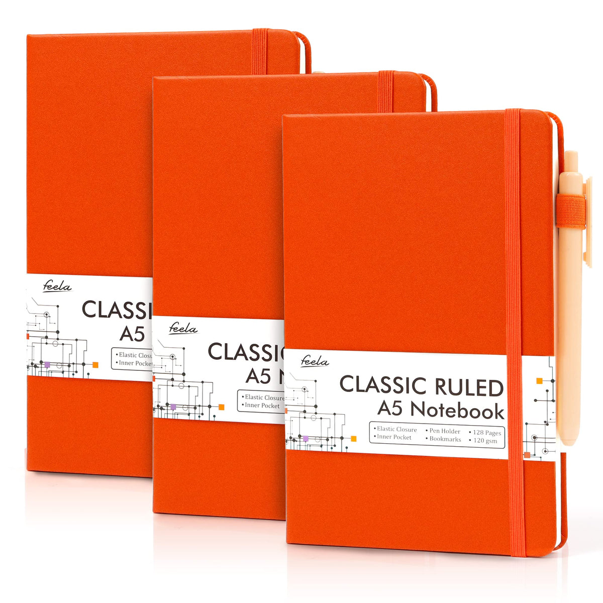 feela 3 Pack Hardcover Notebook For Women, Classic Ruled Lined Journal Set School Business Supplies, with 3 Black Pens, 120 GSM, 5.1”x8.3”, A5, Pastel Colors, Light Blue, Light Purple, Light Green