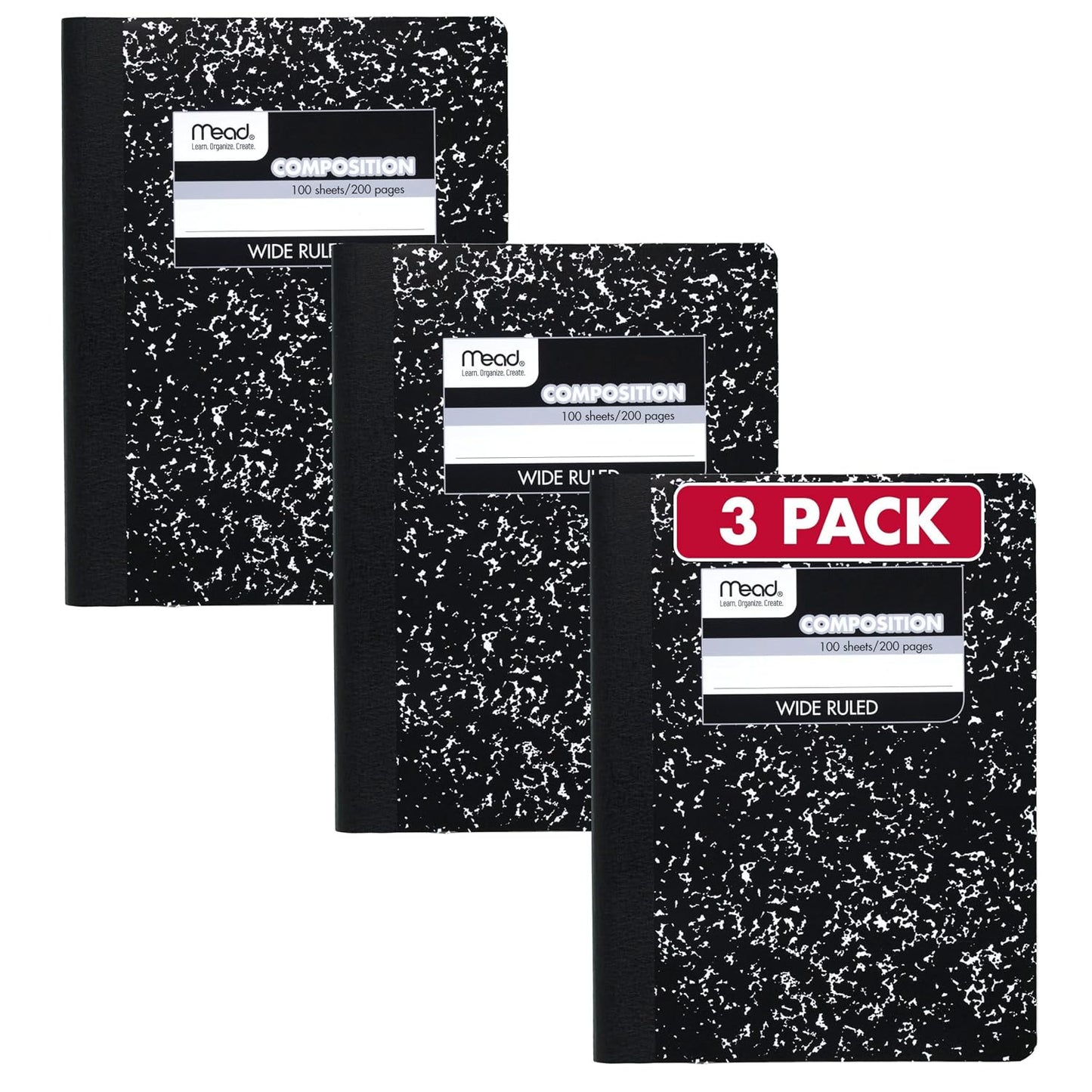 Mead Composition Notebook, Wide Ruled Paper, 7.5" x 9.75", 100 Sheets, Black Marble, 3 Pack (38301)
