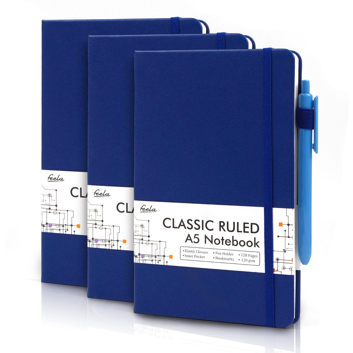 feela 3 Pack Hardcover Notebook For Women, Classic Ruled Lined Journal Set School Business Supplies, with 3 Black Pens, 120 GSM, 5.1”x8.3”, A5, Pastel Colors, Light Blue, Light Purple, Light Green