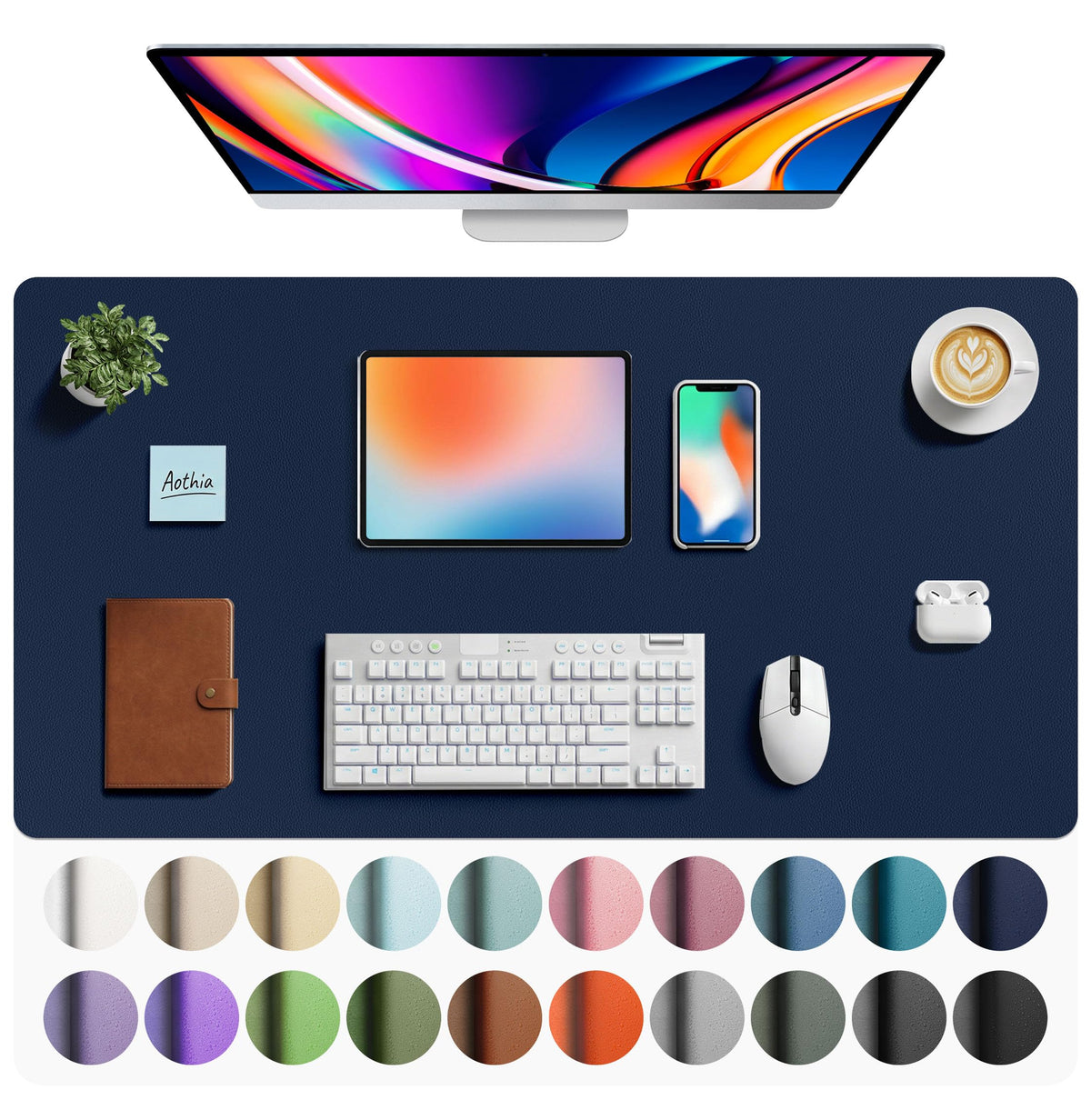 Aothia Non-Slip Waterproof PU Leather Desk Pad Protector for Mouse, Writing Desk, Office, Home, Laptop Blotter, 23.6" x 13.7", Black