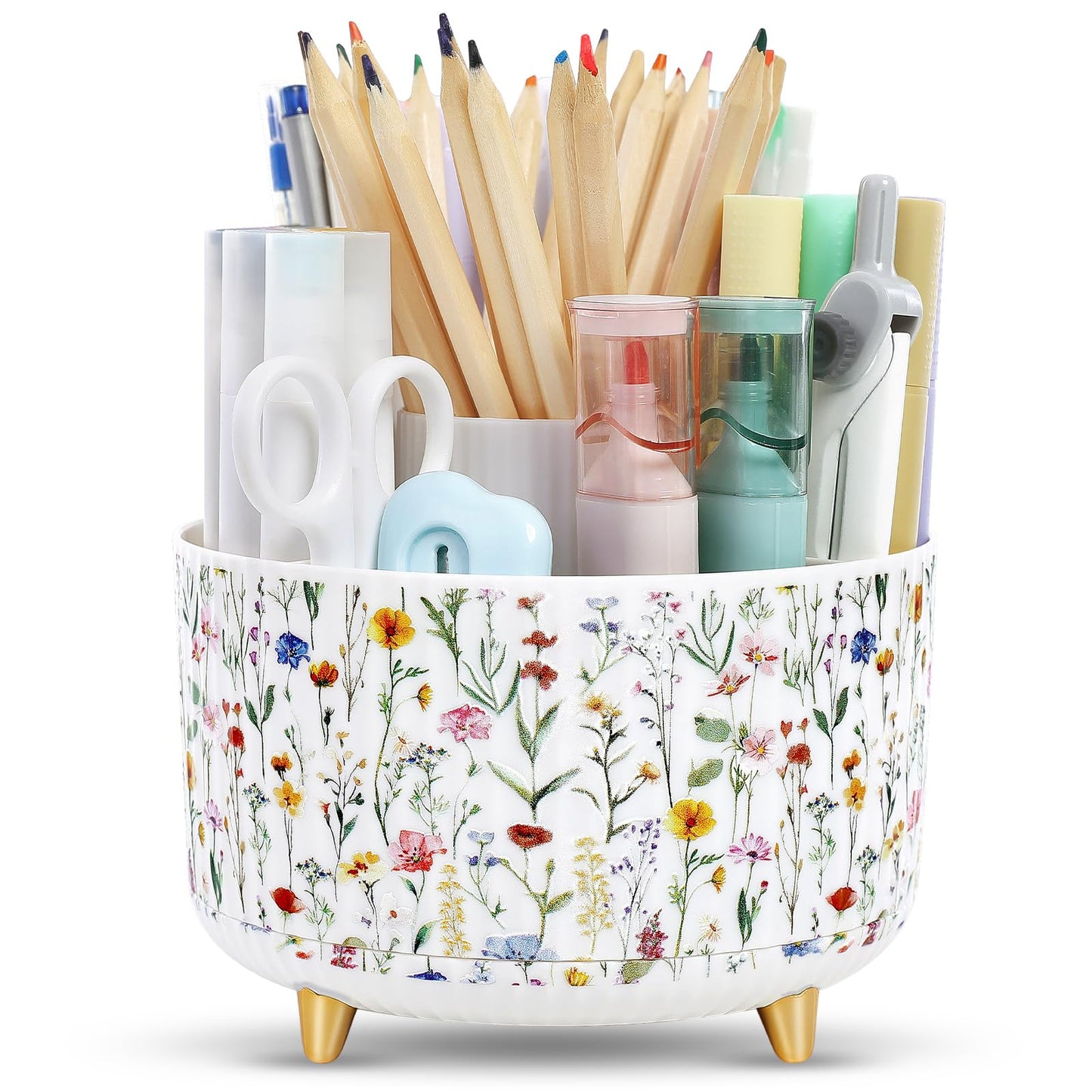 SKYDUE 360 Rotating Plastic Desk Pen Organizer with 5 Slots, Dual-Purpose Art Supply Pencil Cup for Office, School, Home