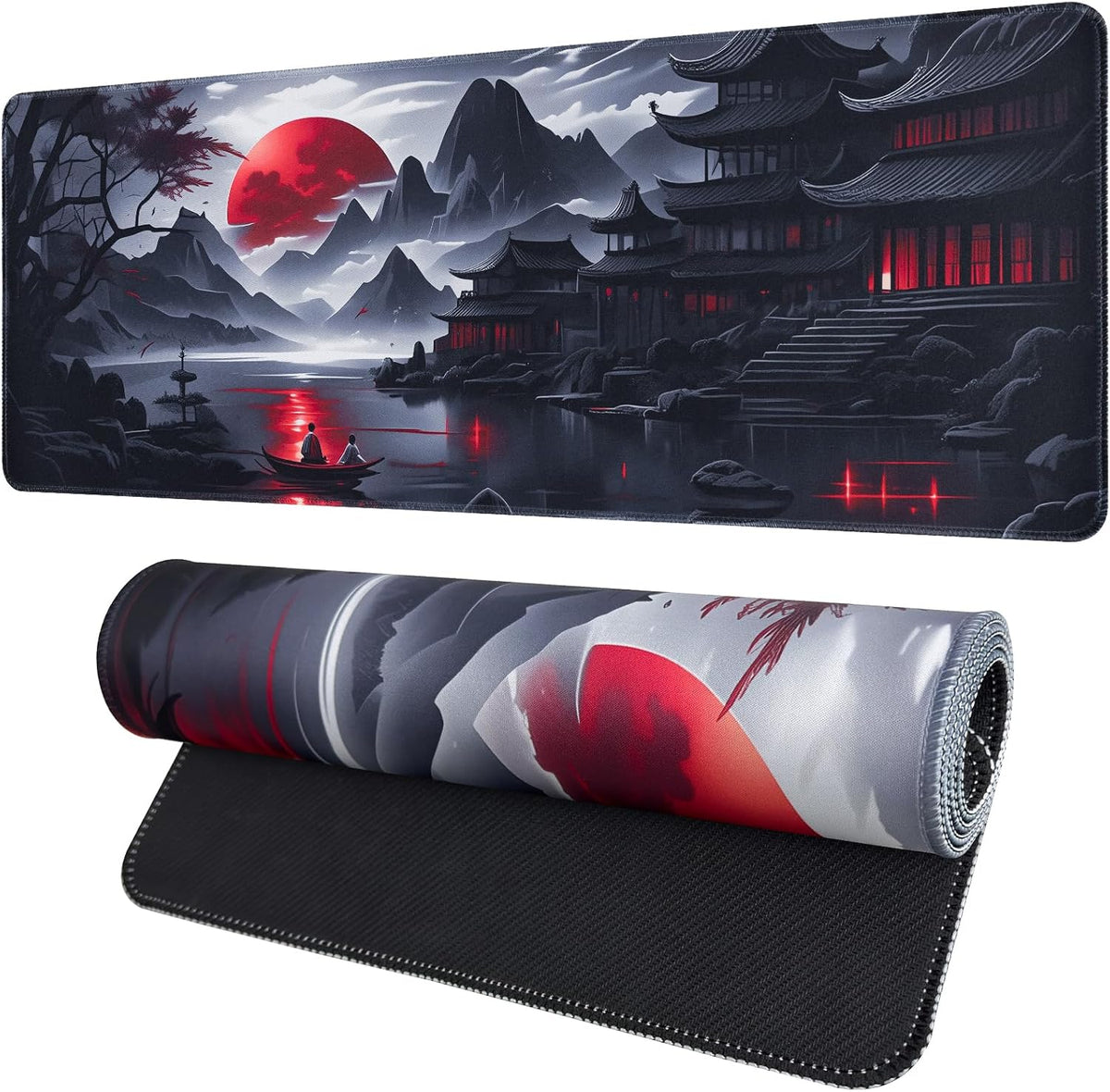 FreeNook Large Gaming Mouse Pad, Anime Black Mousepad with Stitched Edges, Expanded Cool Desk Mat, Japanese Red Moon XL Keyboard Mat Suitable for Home Office,31.5 X 11.8 Inch