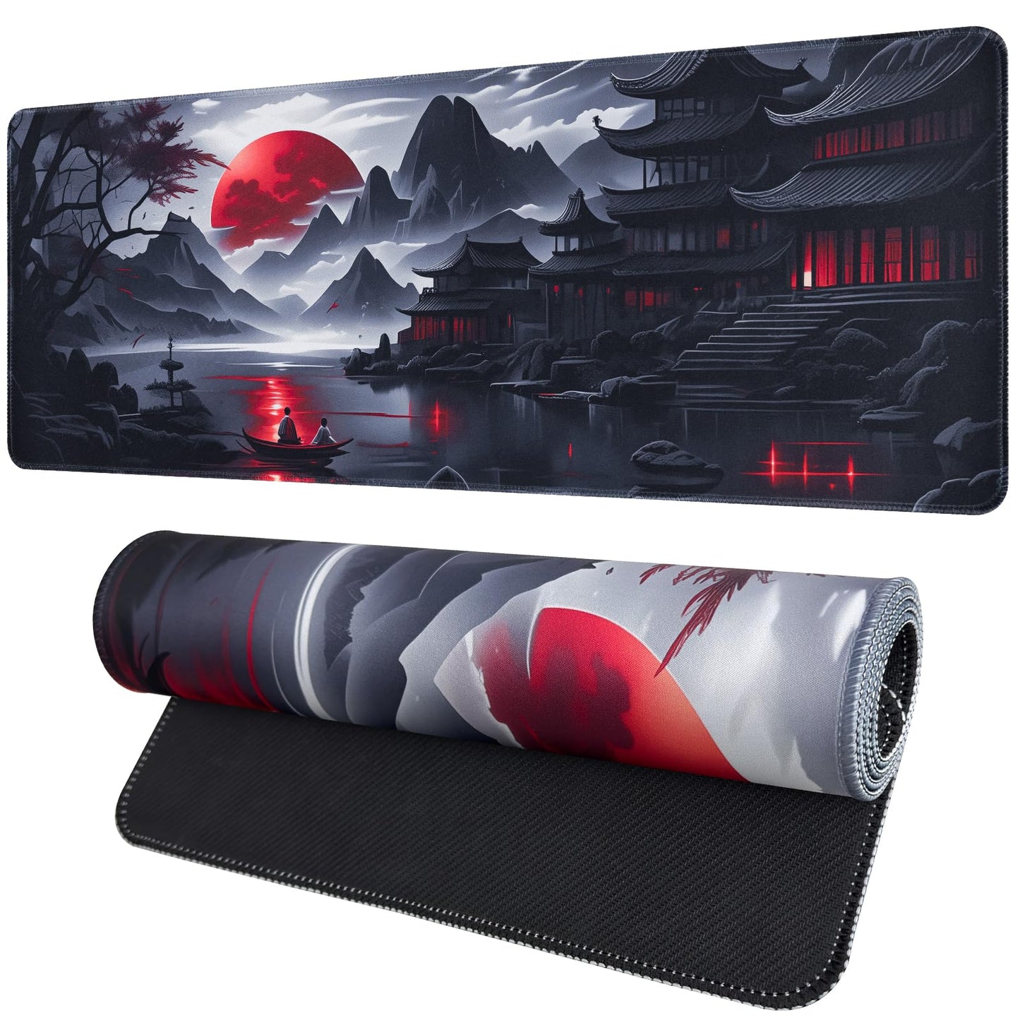 FreeNook Large Gaming Mouse Pad, Anime Black Mousepad with Stitched Edges, Expanded Cool Desk Mat, Japanese Red Moon XL Keyboard Mat Suitable for Home Office,31.5 X 11.8 Inch