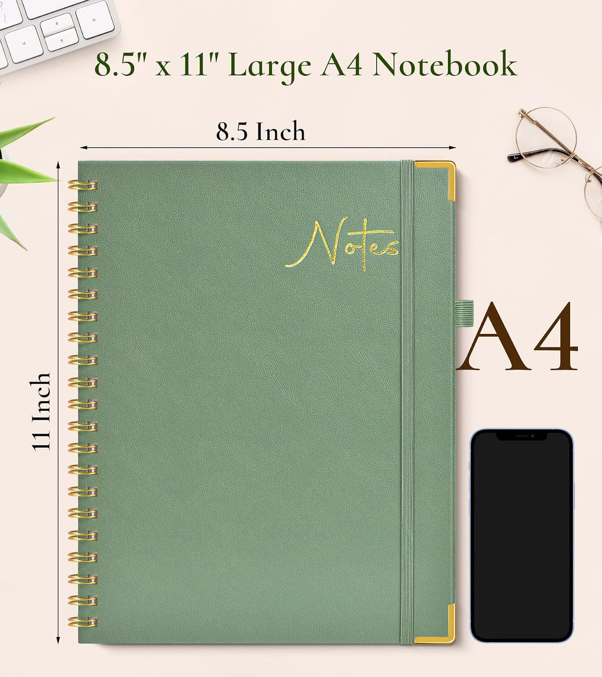 Hardcover Spiral Notebook Journal 8.5” x 11”, A4 Large Leather Notebooks for Women Men, Lined College Ruled Notebook, 50 Sheets/100 Pages, Spiral Bound Journals for Work School Note Taking, Green