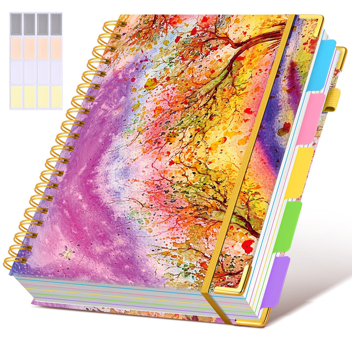 Hardcover Large Spiral Notebook 8.5" x 11" with Removable Dividers Tabs, 300 pages Leather 5 Subject Notebook College Ruled, A4 Journal for Women Men, Notebooks for Work School Note taking,Purple