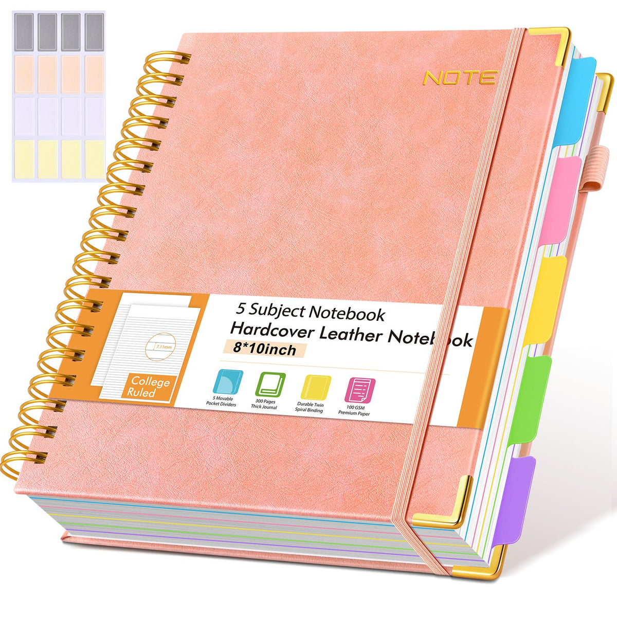 Hardcover Large Spiral Notebook 8.5" x 11" with Removable Dividers Tabs, 300 pages Leather 5 Subject Notebook College Ruled, A4 Journal for Women Men, Notebooks for Work School Note taking,Purple