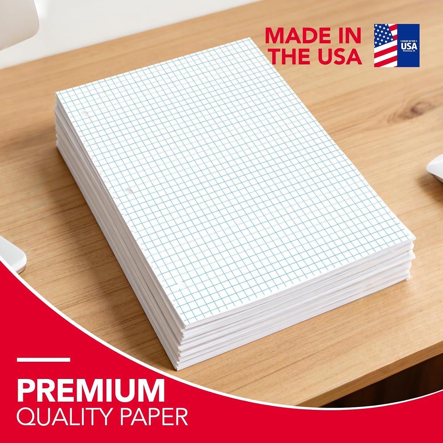Kaisa Graph Paper Filler Paper USA-Made Bulk Wholesale Available 3 Pack 4x4 Quad Rule 3-Hole Punched Loose Leaf Paper 8x10.5 Filler Paper for 3-Ring Binder, 150 Sheets/Pack