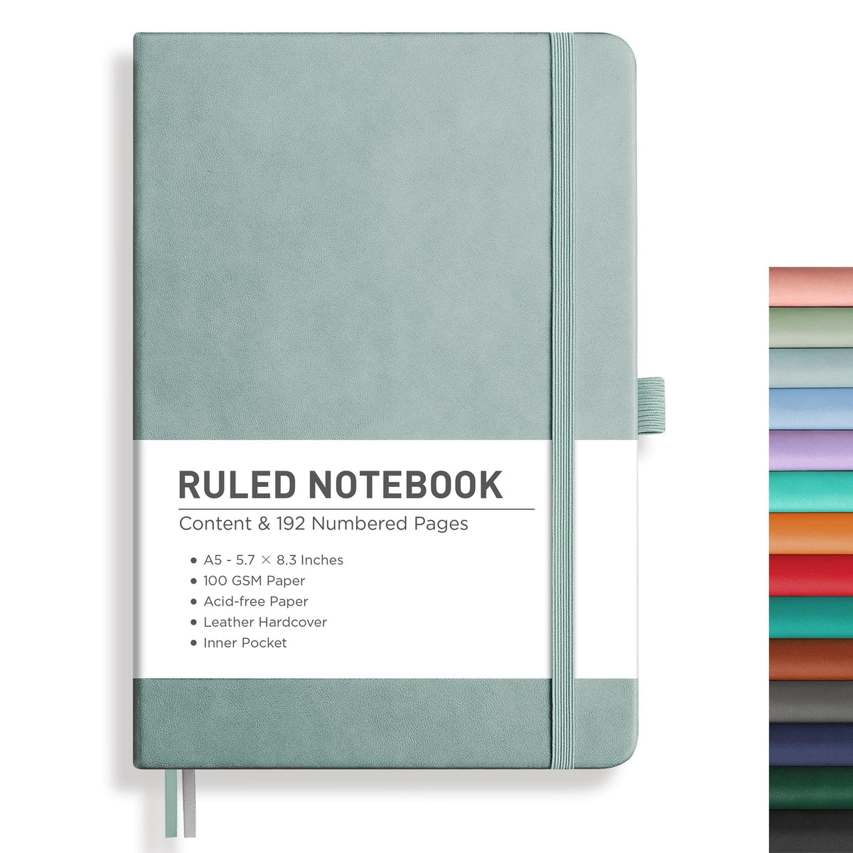 RETTACY Graph Grid Paper Notebook, 192 Pages, A5 Size (5.7'' x 8.3'') | 5 Squares per Inch, Leather Hardcover, 100 GSM Thick Paper, for School, Students, Math, Engineering (Light Green)
