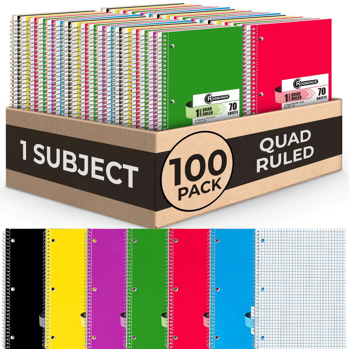 1 Subject Graph Paper Spiral Notebook, 12 Pack, 70 Sheets | Bulk 4x4 Spiral Bound Grid Notebooks, 8 x 10-1/2", 3 Hole Punched, Single Subject Quad Ruled Spiral Notebooks for School