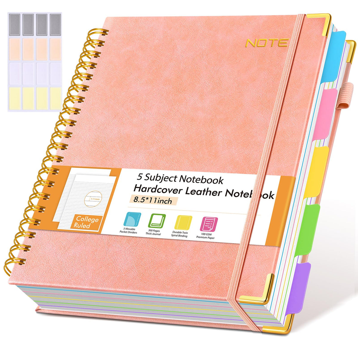 Hardcover Large Spiral Notebook 8.5" x 11" with Removable Dividers Tabs, 300 pages Leather 5 Subject Notebook College Ruled, A4 Journal for Women Men, Notebooks for Work School Note taking,Black