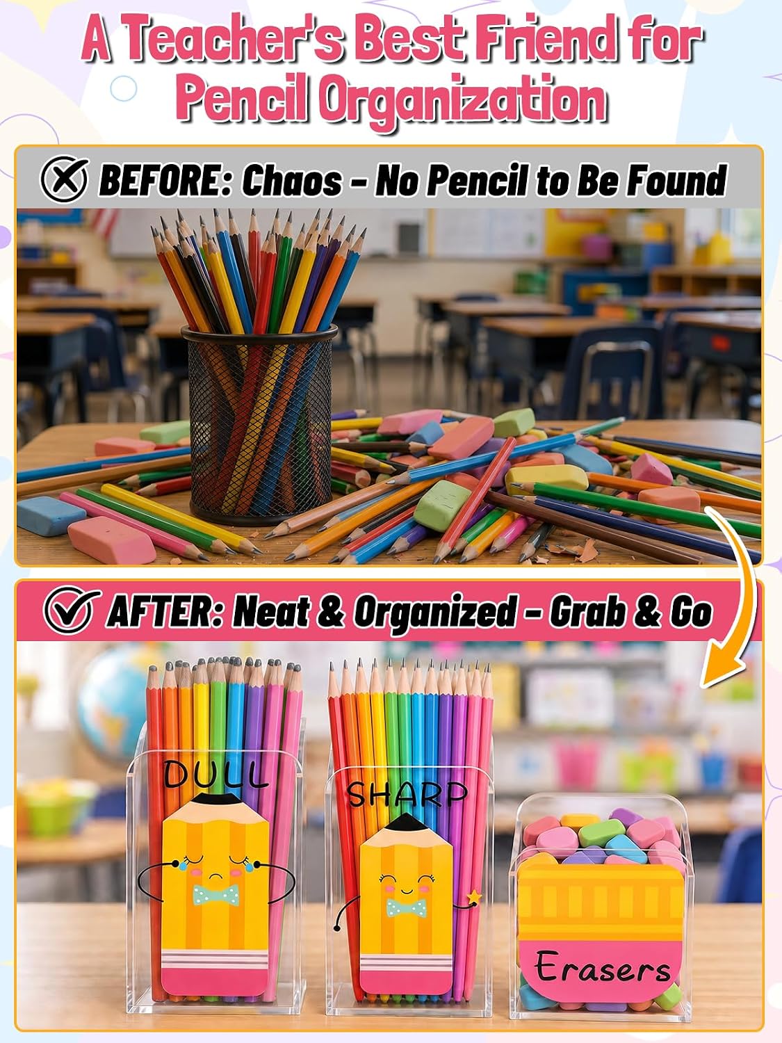 3pcs Acrylic Sharp and Dull Pencil Holder for Classroom, No Assembly Needed | Clear Pencil Dispenser with Eraser Bucket for Elementary School, Teacher Desk Must Haves, Back to School Supplies