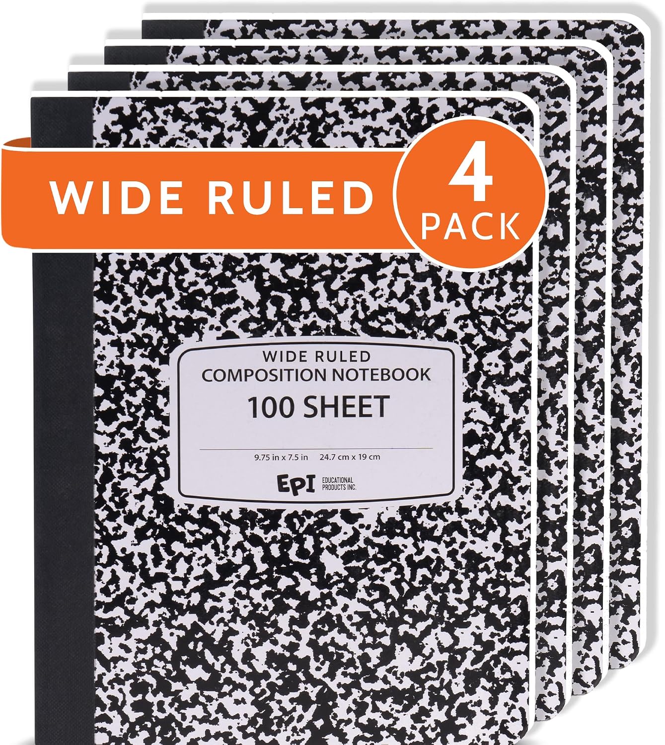 4 Pack - EPI Marble Hardcover Wide Ruled Composition Notebook | 200 Pages (100 Sheets), 9.75 x 7.5 in, Sturdy Sewn Binding | School, Office, Journaling, Notes