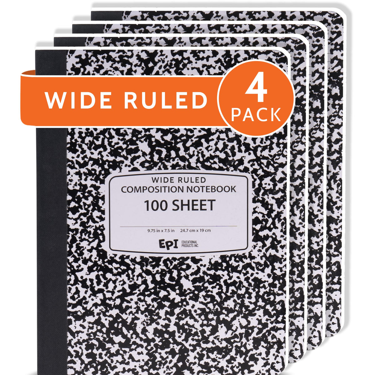 4 Pack - EPI Marble Hardcover Wide Ruled Composition Notebook | 200 Pages (100 Sheets), 9.75 x 7.5 in, Sturdy Sewn Binding | School, Office, Journaling, Notes