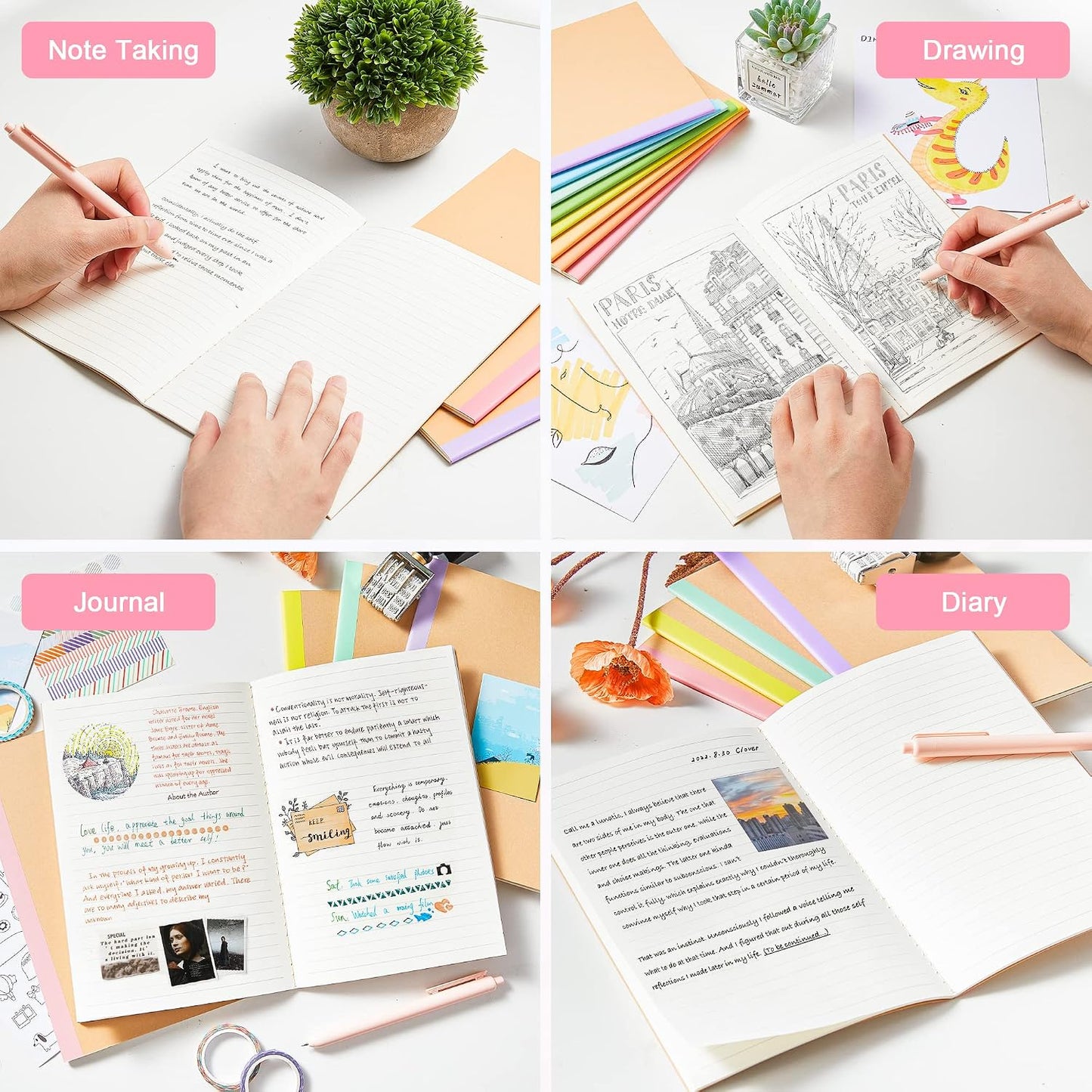 feela 16 Pack Composition Notebook Bulk, Kraft Cover Lined Blank College Ruled Travel Journals with Pastel Color Spine For Women Students Office, 60 Pages, 8.3”x 5.5”, A5, 8 Pastel Colors