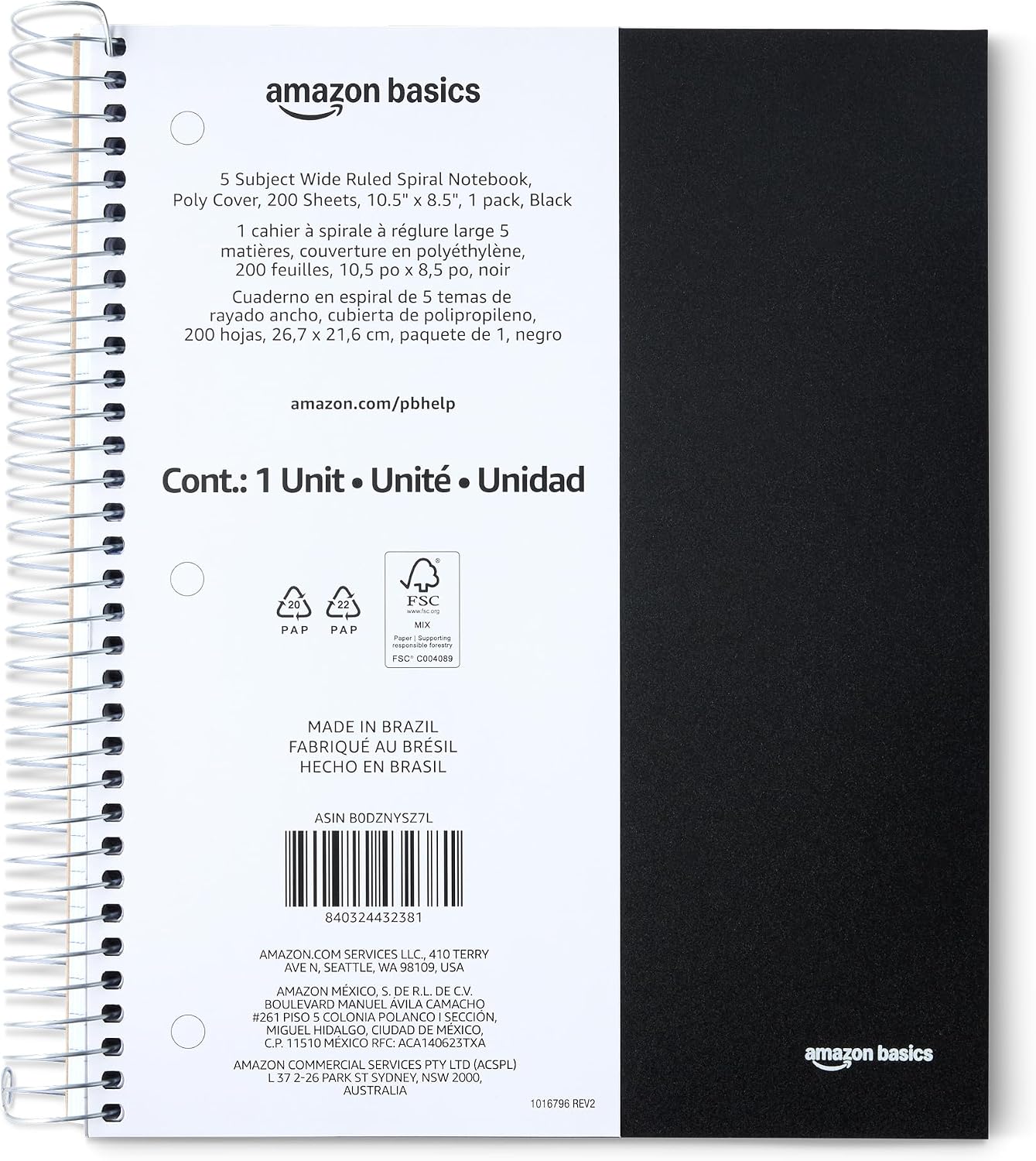 Amazon Basics Wide Ruled Spiral Notebook, Poly Cover, 5 Subject, For Work and School, 200 Sheets, 8.5" x 10.5", Black, 1-Pack