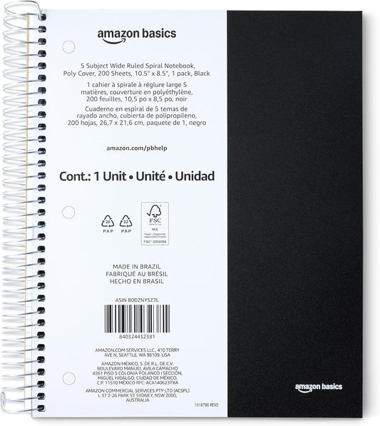 Amazon Basics Wide Ruled Spiral Notebook, Poly Cover, 5 Subject, For Work and School, 200 Sheets, 8.5" x 10.5", Black, 1-Pack