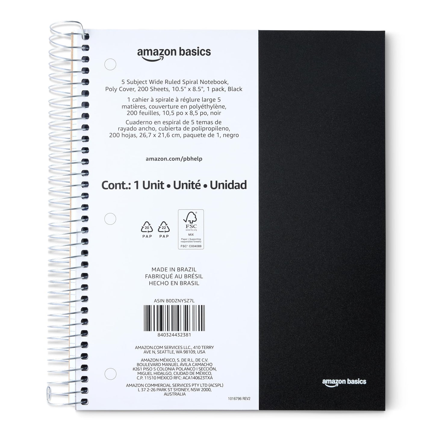Amazon Basics Wide Ruled Spiral Notebook, Poly Cover, 5 Subject, For Work and School, 200 Sheets, 8.5" x 10.5", Black, 1-Pack
