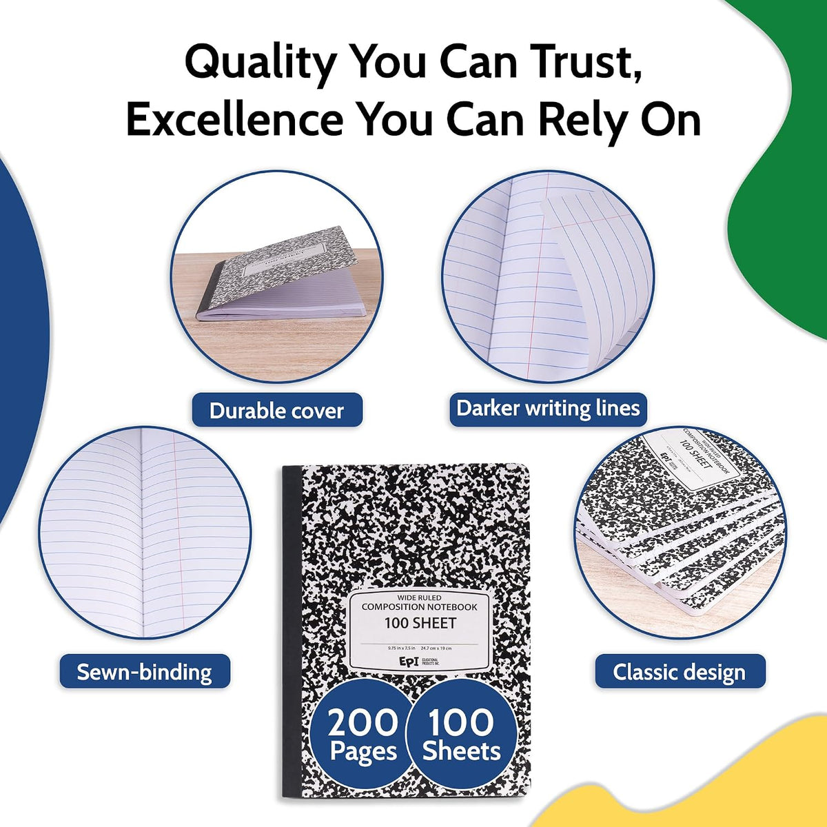 4 Pack - EPI Marble Hardcover Wide Ruled Composition Notebook | 200 Pages (100 Sheets), 9.75 x 7.5 in, Sturdy Sewn Binding | School, Office, Journaling, Notes