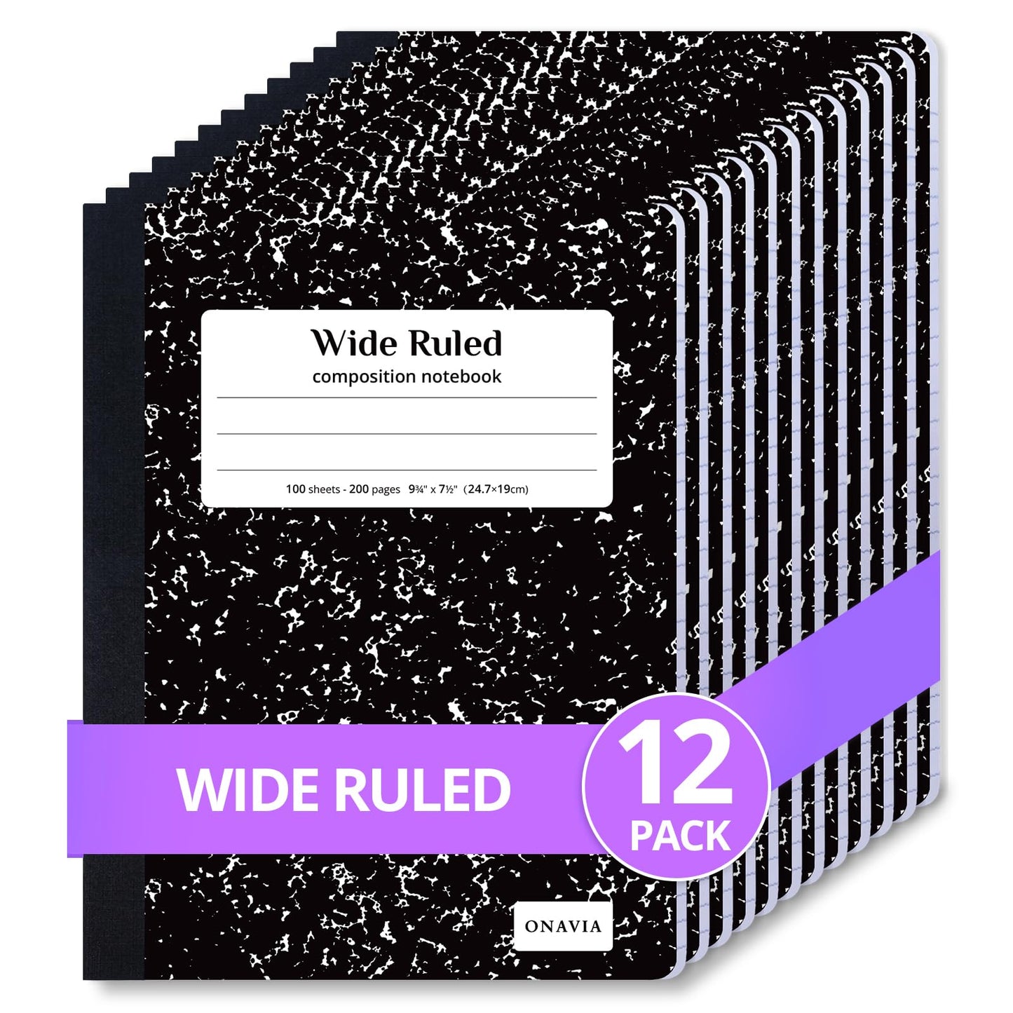 ONAVIA Composition Notebook Wide Ruled 6 Pack, 200 Pages, Marble Black | 100 ct, 9.75 x 7.5 in, Wide Ruled Composition Notebook, Durable Comp Book, School Notebooks, Note Taking, Students