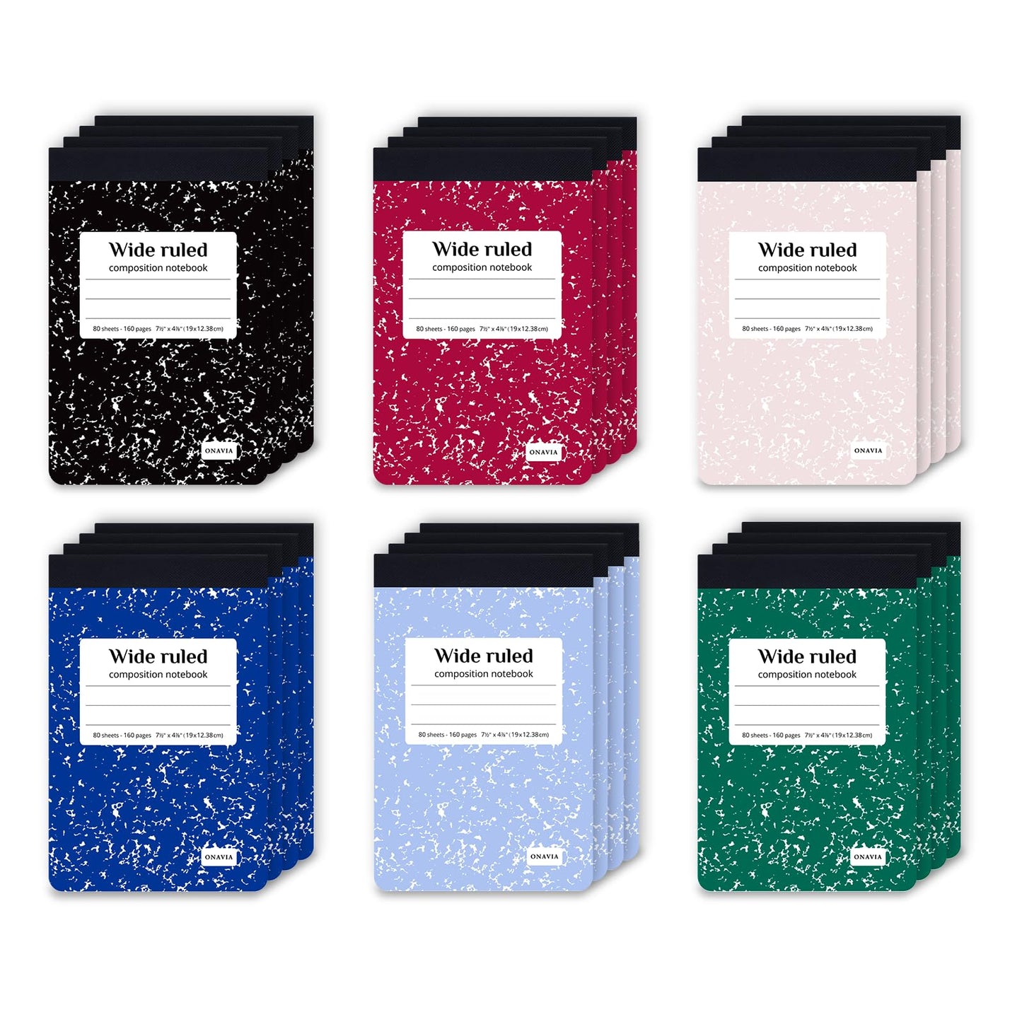 ONAVIA Composition Notebook Wide Ruled 6 Pack, 200 Pages, Assorted | 100 ct, 9.75 x 7.5 in, Wide Ruled Composition Notebook, Durable Comp Book, School Notebooks, Note Taking, Students