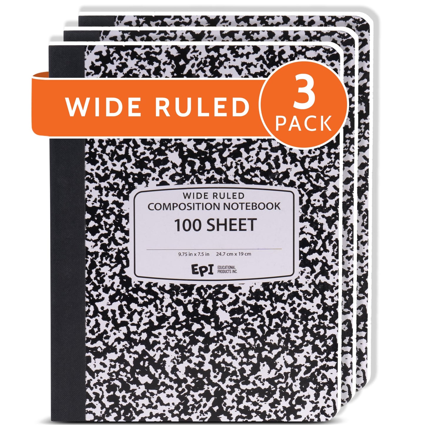 4 Pack - EPI Marble Hardcover Wide Ruled Composition Notebook | 200 Pages (100 Sheets), 9.75 x 7.5 in, Sturdy Sewn Binding | School, Office, Journaling, Notes