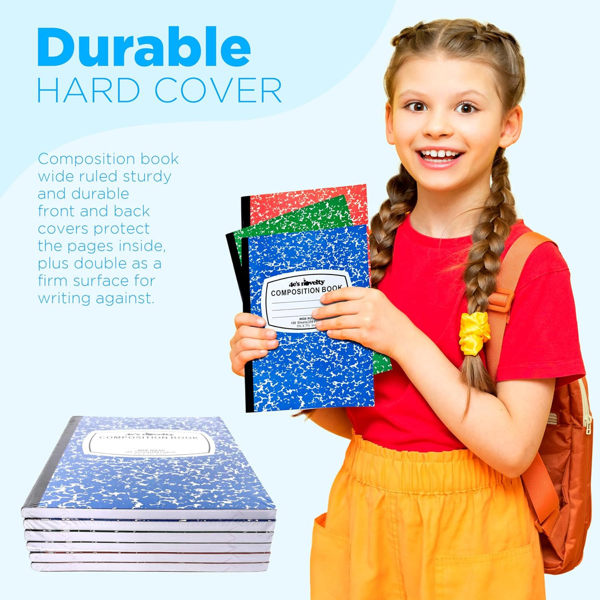 4E's Novelty Wide Ruled Composition Notebooks - Pack of 3-100 Sheets 9.75" x 7.5" - Hard Cover Red Blue Green Cute Marble Colors, Bulk Compositon Book Wide Ruling, Back to School Supplies