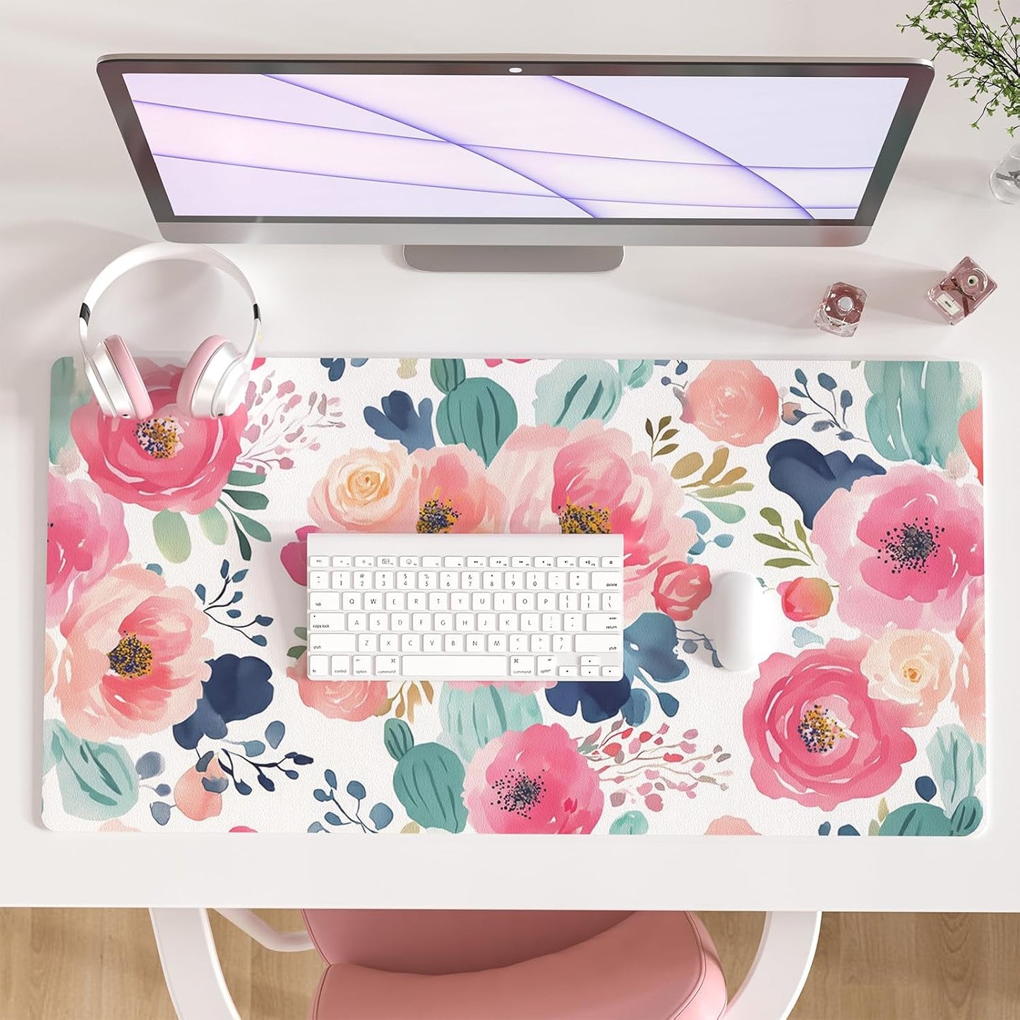 Faux Leather Large Mouse Pad, Office Desk Mat, 31.5"x15.7", Pink Floral | Desk Décor Accessories, Extended Size, Waterproof & Easy to Clean, Smooth Surface, Non Slip Desk Organization