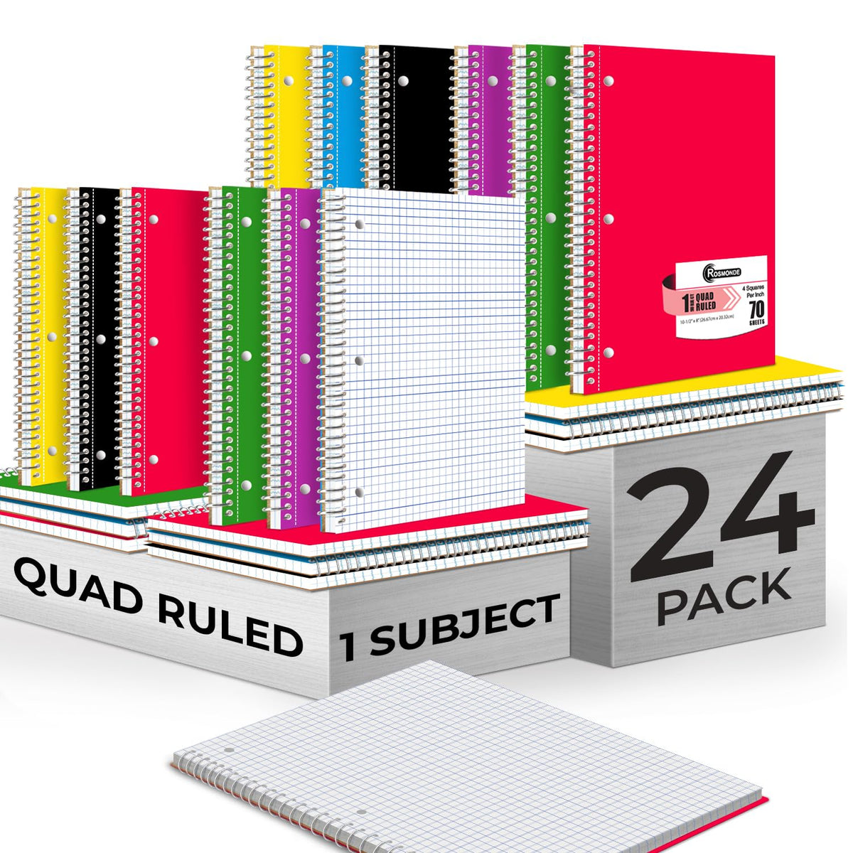1 Subject Graph Paper Spiral Notebook, 12 Pack, 70 Sheets | Bulk 4x4 Spiral Bound Grid Notebooks, 8 x 10-1/2", 3 Hole Punched, Single Subject Quad Ruled Spiral Notebooks for School