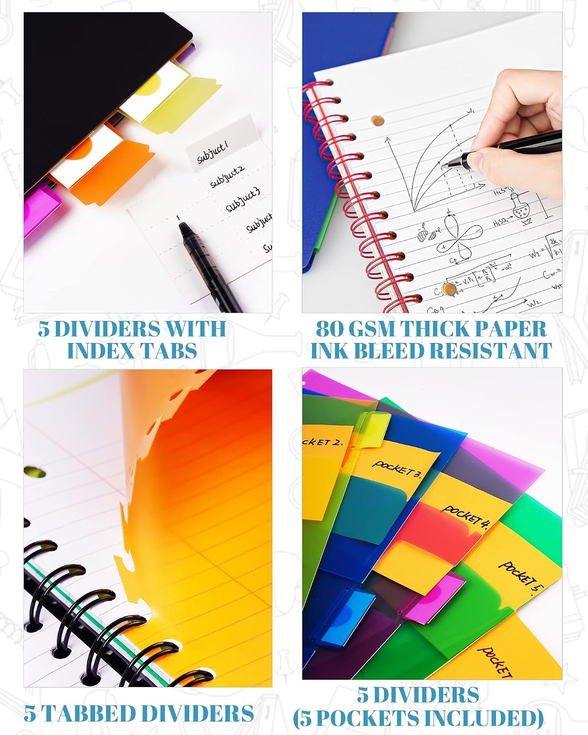 Spiral Notebook - 5 Subject Notebook, College Ruled Notebook With Dividers Pocket, Tabs Label, 11" Ruler, 200 Pages, for Writing Journal, Home & Office, School Supplies, 8.5''x11''Black | 200 Pages, 11" Ruler, 8.5"x11" Black, Pocket Dividers with Tab Labe