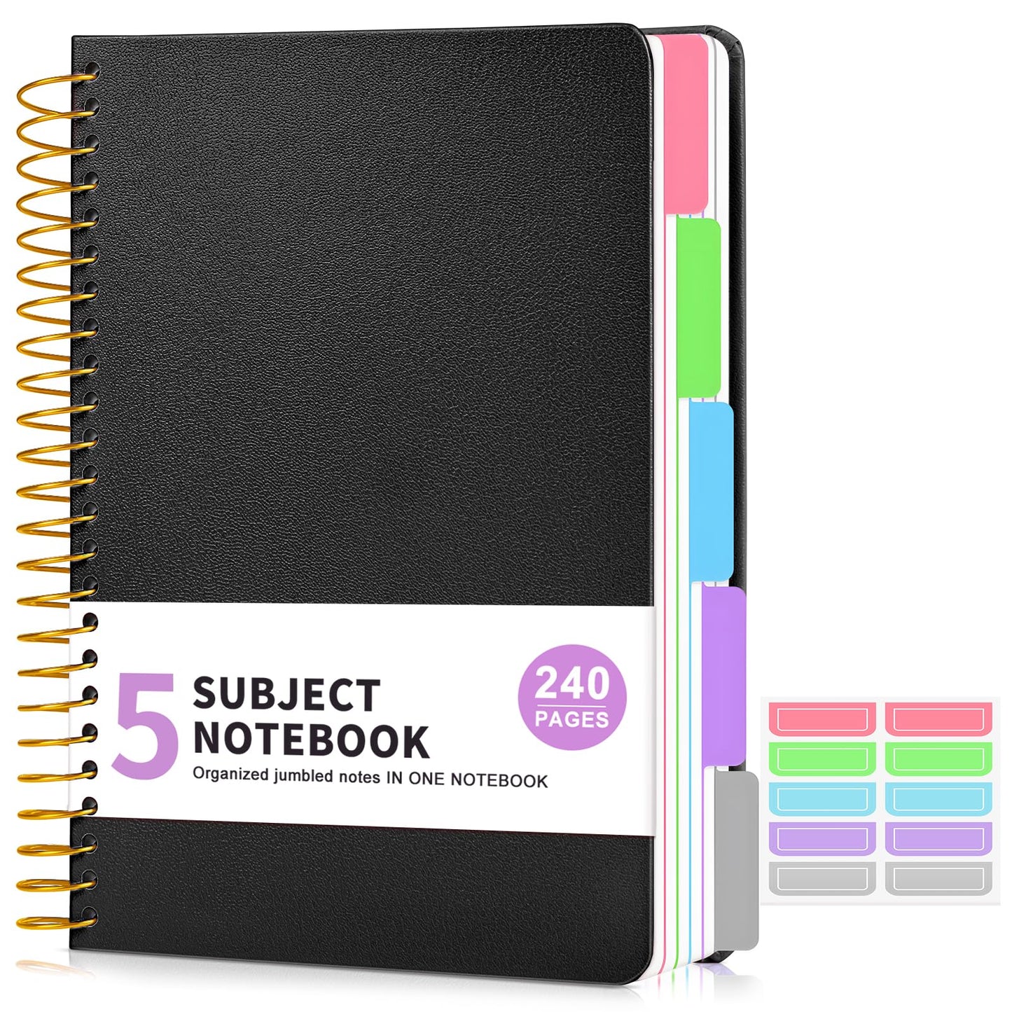 5 Subject Notebook College Ruled 240 Pages, A5(5.8"x8.3") Hardcover Spiral Notebook with Removable Pocket Dividers Tabs, Lined Spiral Journal Notebook for Women, Notebooks for Work School Note taking Pink