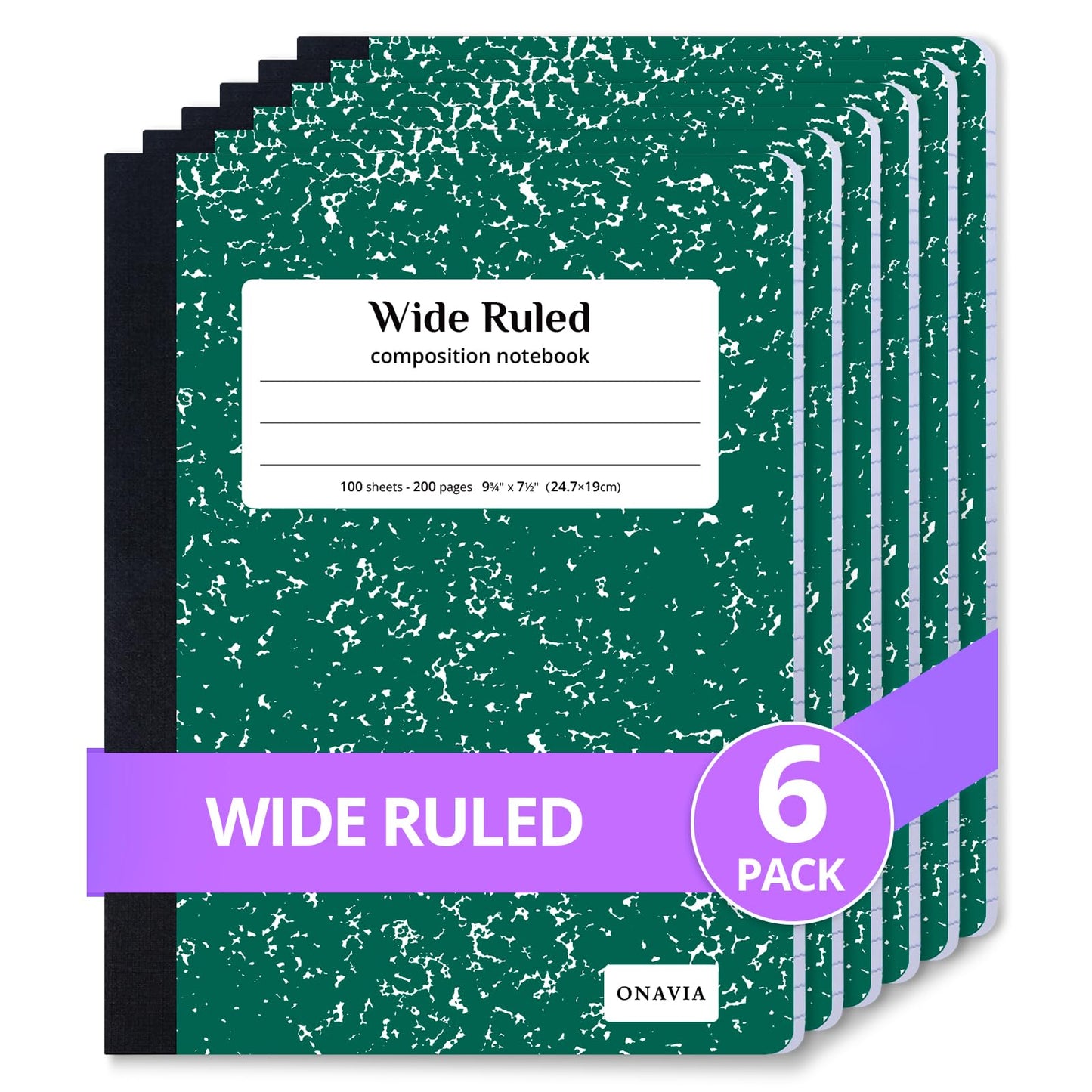 ONAVIA Composition Notebook Wide Ruled 6 Pack, 200 Pages, Marble Black | 100 ct, 9.75 x 7.5 in, Wide Ruled Composition Notebook, Durable Comp Book, School Notebooks, Note Taking, Students