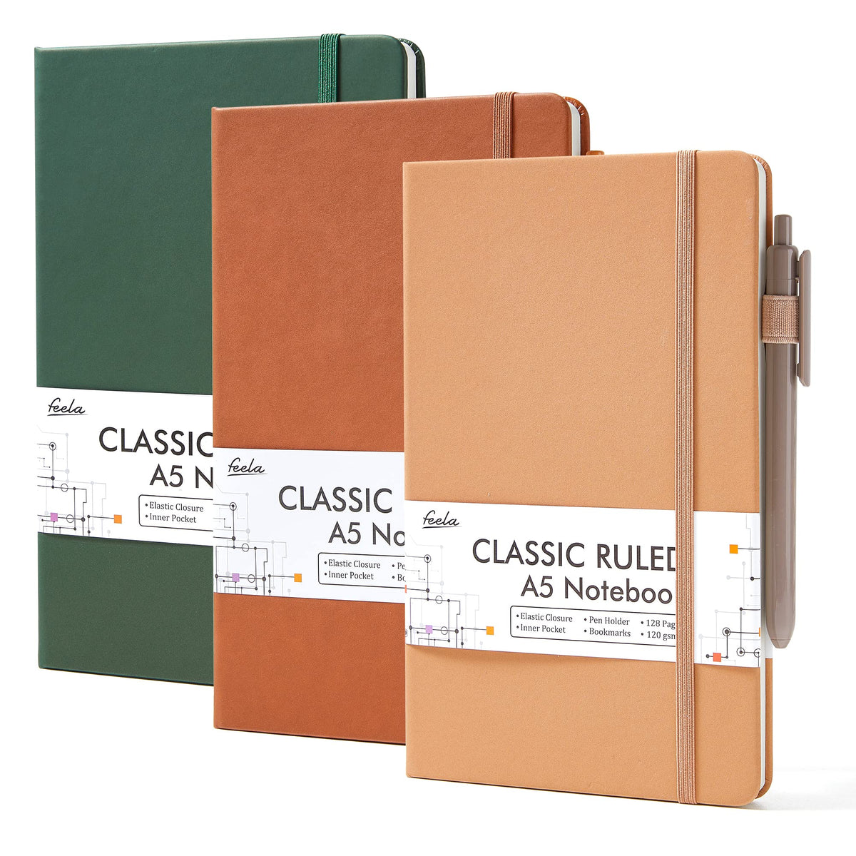 feela 3 Pack Hardcover Notebook For Women, Classic Ruled Lined Journal Set School Business Supplies, with 3 Black Pens, 120 GSM, 5.1”x8.3”, A5, Pastel Colors, Light Blue, Light Purple, Light Green