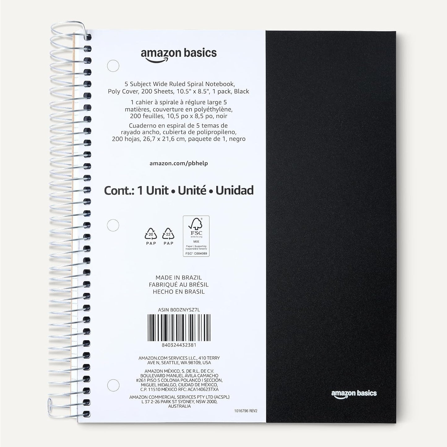 Amazon Basics Wide Ruled Spiral Notebook, Poly Cover, 5 Subject, For Work and School, 200 Sheets, 8.5" x 10.5", Black, 1-Pack