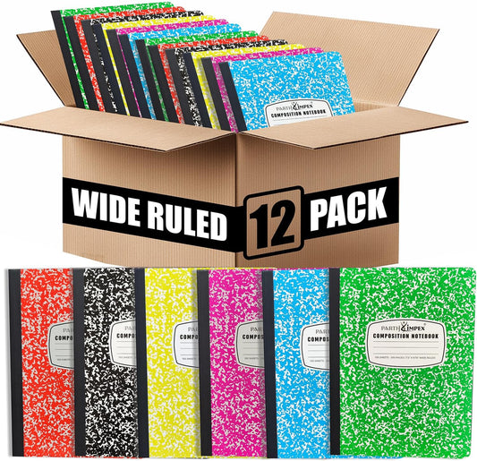 PARTH iMPEX 12 Pack Bulk Composition Notebooks Wide Ruled, Hard Cover | 200 Pages (100 Sheets), 9-3/4 x 7-1/2, Wide Ruled Notebooks in 6 Assorted Colors, Composition Notebook For School College
