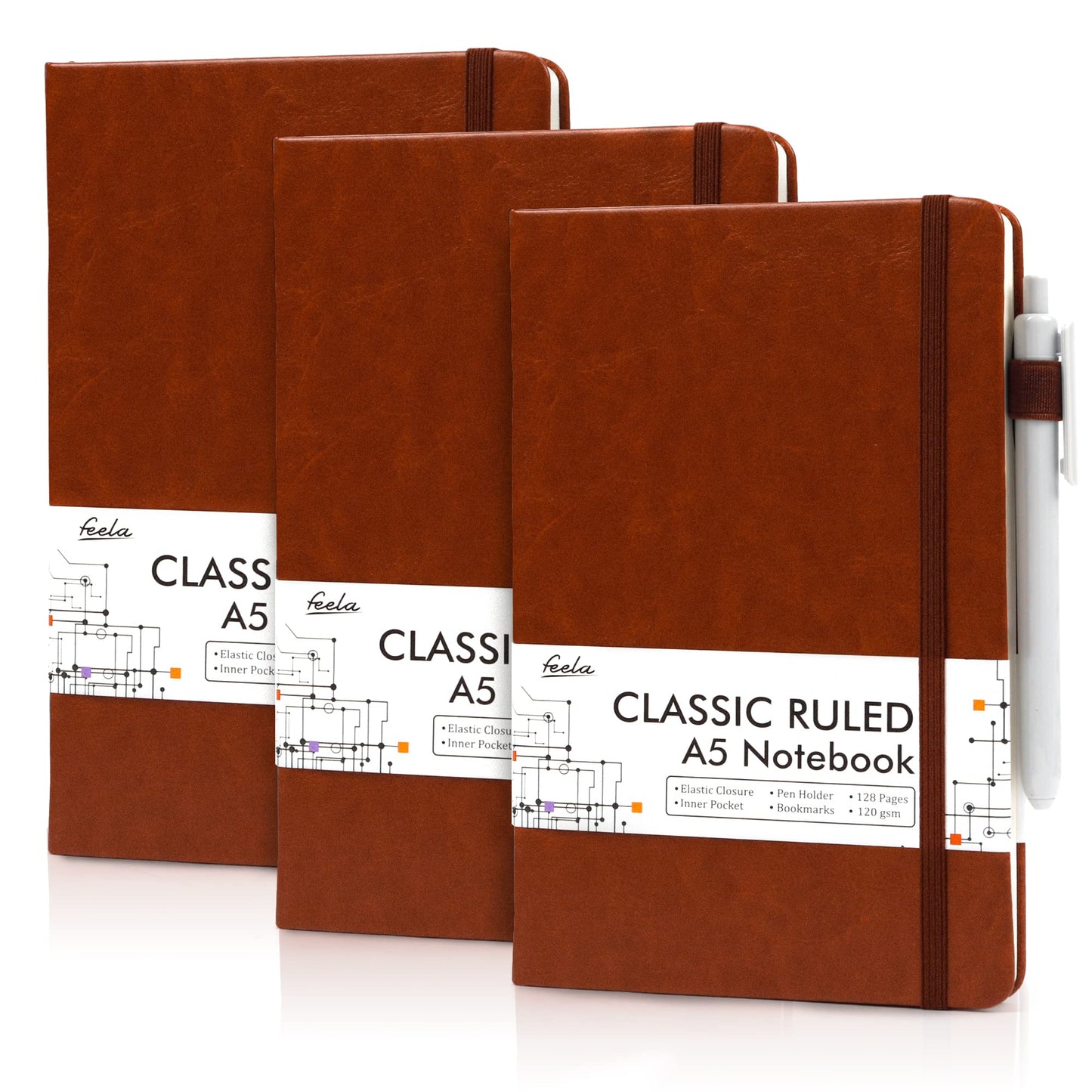 feela 3 Pack Hardcover Notebook For Women, Classic Ruled Lined Journal Set School Business Supplies, with 3 Black Pens, 120 GSM, 5.1”x8.3”, A5, Pastel Colors, Light Blue, Light Purple, Light Green