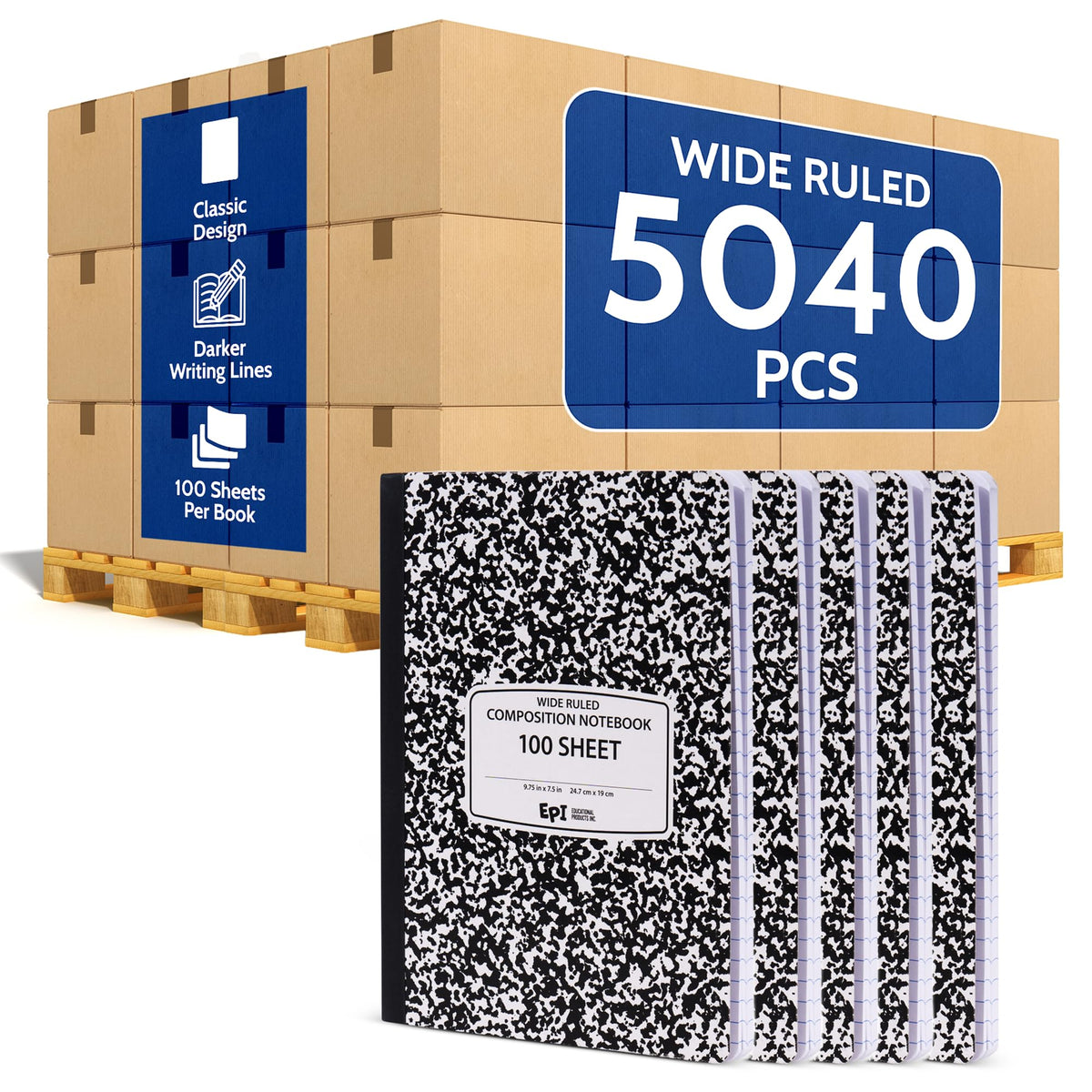 4 Pack - EPI Marble Hardcover Wide Ruled Composition Notebook | 200 Pages (100 Sheets), 9.75 x 7.5 in, Sturdy Sewn Binding | School, Office, Journaling, Notes