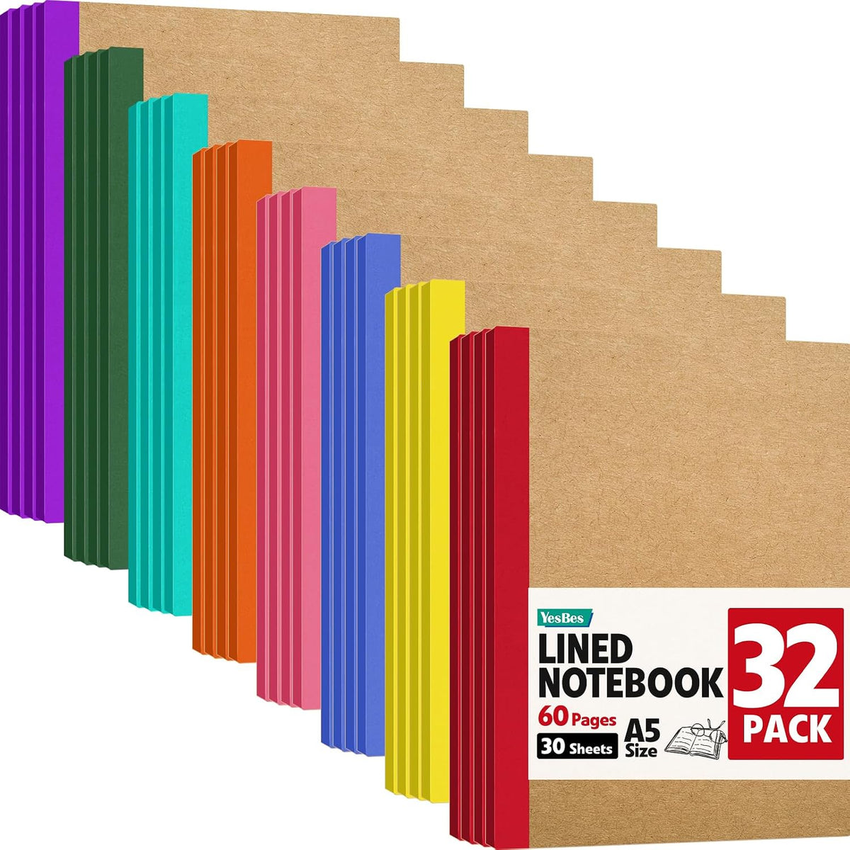 YesBes 32 Pack Composition Notebooks Bulk, A5 Kraft Cover Lined Journaling Notebooks, 8.3”x 5.5” Travel Notebook for School Office Students Artists, 8 Colors 60 Pages