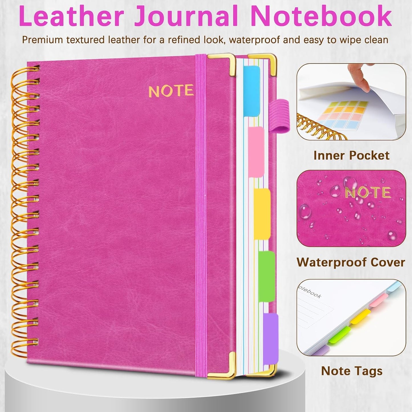 Hardcover Spiral Notebooks for Work 8''x 10'', 300 Pages 5 Subject Notebook with Dividers & Tabs, B5 Spiral Journal for Women, College Ruled Notebooks for School Note-Taking (Rose Purple)