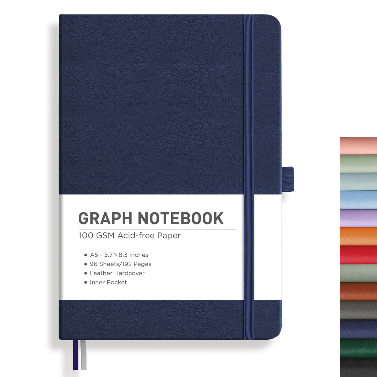 RETTACY Graph Grid Paper Notebook, 192 Pages, A5 Size (5.7'' x 8.3'') | 5 Squares per Inch, Leather Hardcover, 100 GSM Thick Paper, for School, Students, Math, Engineering (Light Green)