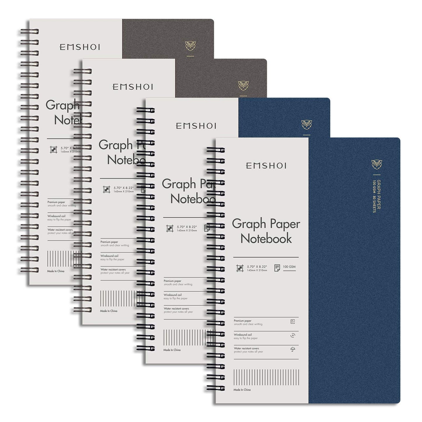 EMSHOI Lined Spiral Journal Notebook, 4 Pack, 640 Pages, A5 (5.7" x 8.2") | College Ruled, 100 GSM Thick Paper, Flexible Plastic Cover, for School, Student, Writing, Journaling, Work, Women & Men