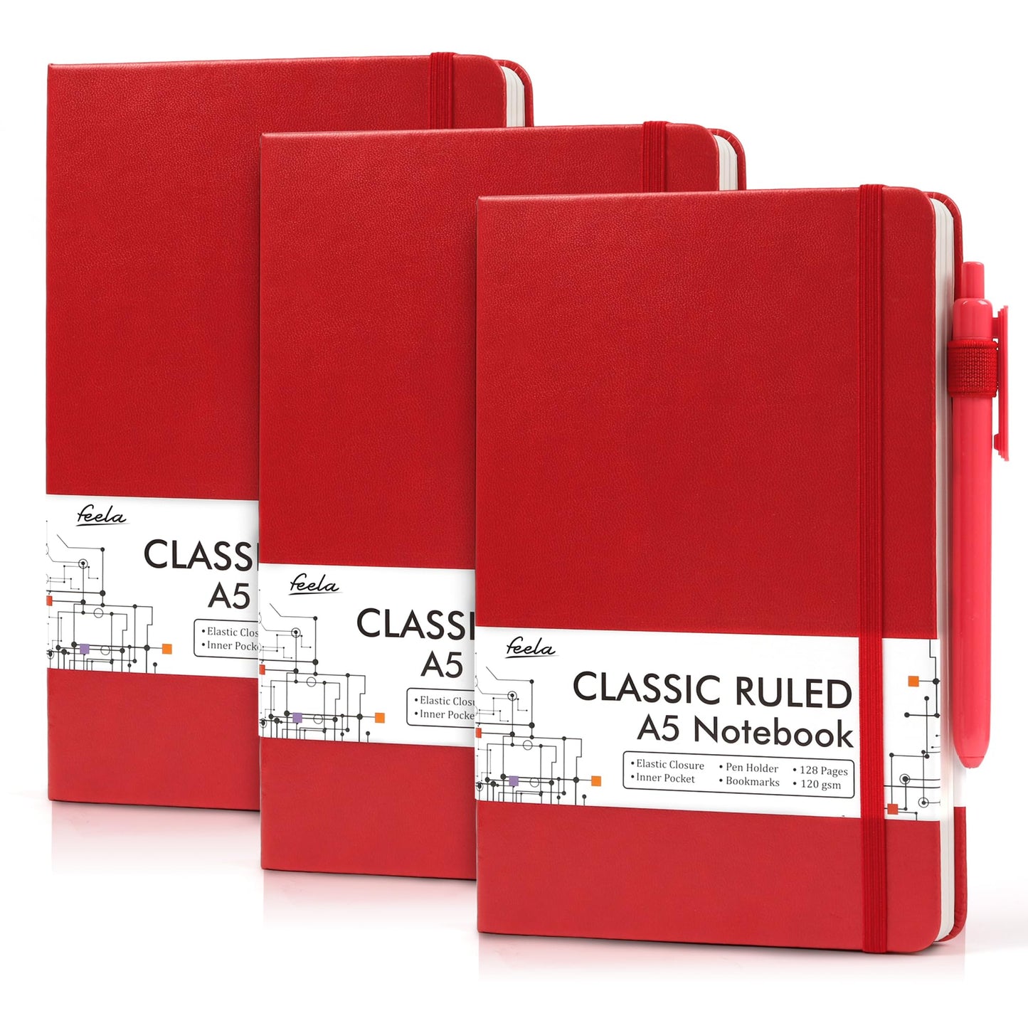 feela 3 Pack Hardcover Notebook For Women, Classic Ruled Lined Journal Set School Business Supplies, with 3 Black Pens, 120 GSM, 5.1”x8.3”, A5, Pastel Colors, Light Blue, Light Purple, Light Green