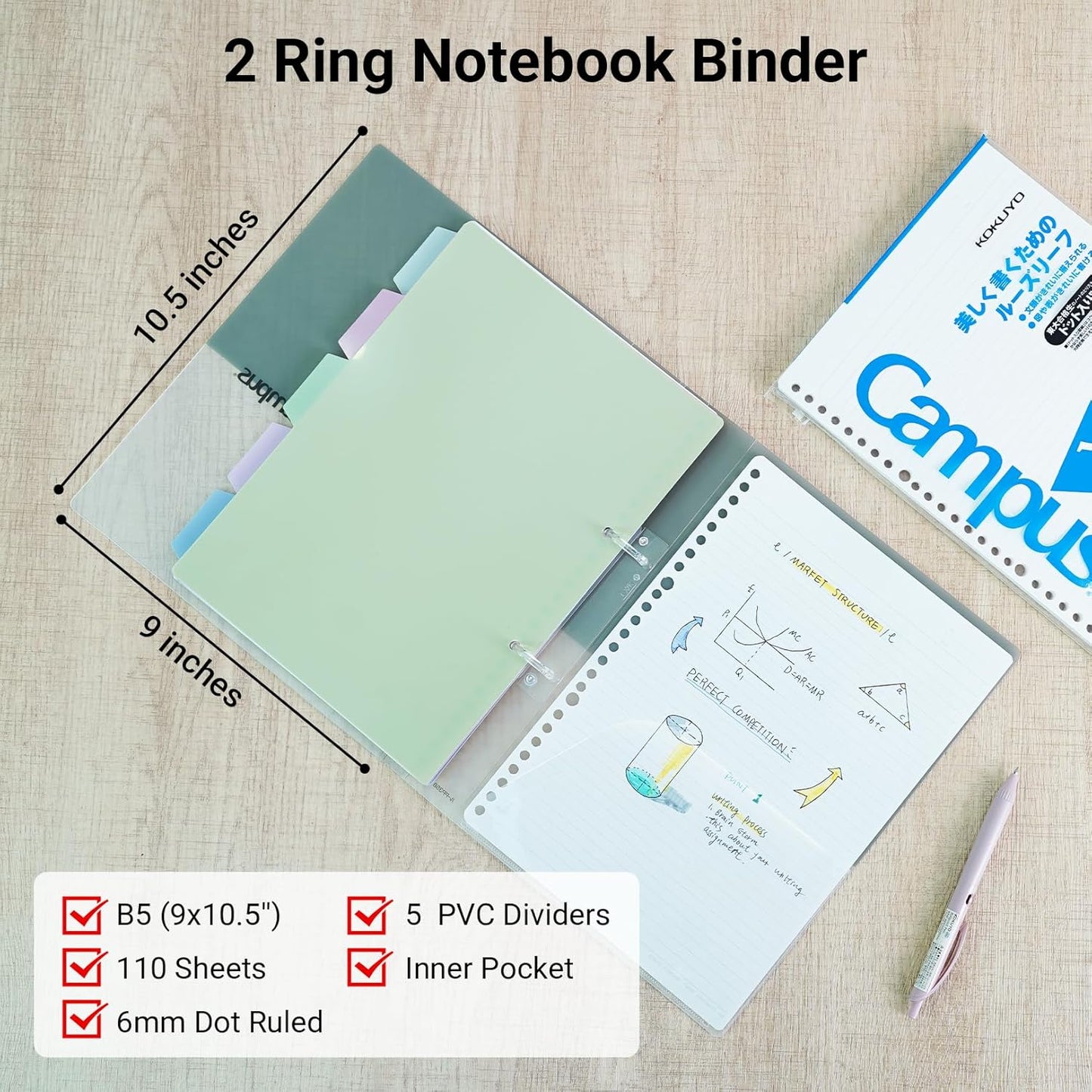 KOKUYO 5 Subject Spiral Notebook Journal, Campus 110 Sheets B5 Refillable Notebook with Dividers Tabs, 6mm Dot Lined Binder Notebook for Work School Note Taking. 9" x 10.5", Yellow