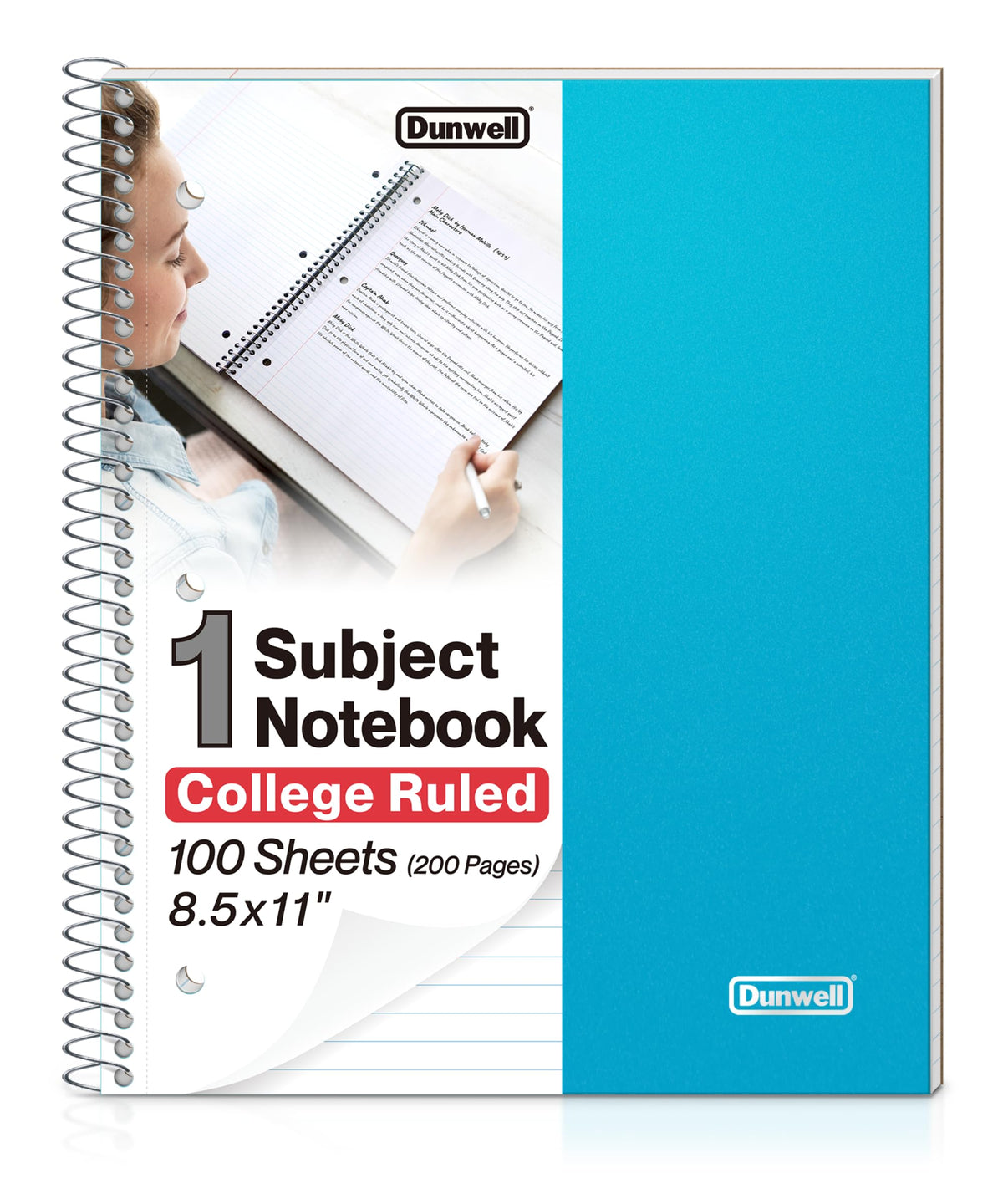 Dunwell 1-Subject College Ruled Spiral Notebook 8.5x11, 100 Sheets, Black | Plastic Cover, Pocket Divider, 3-Hole Punched, Perforated Pages, Fits 8.5x11 Paper