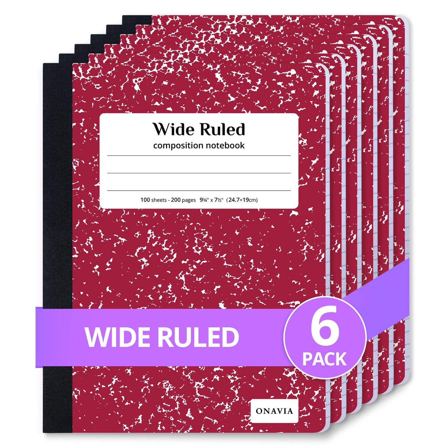 ONAVIA Composition Notebook Wide Ruled 6 Pack, 200 Pages, Marble Black | 100 ct, 9.75 x 7.5 in, Wide Ruled Composition Notebook, Durable Comp Book, School Notebooks, Note Taking, Students