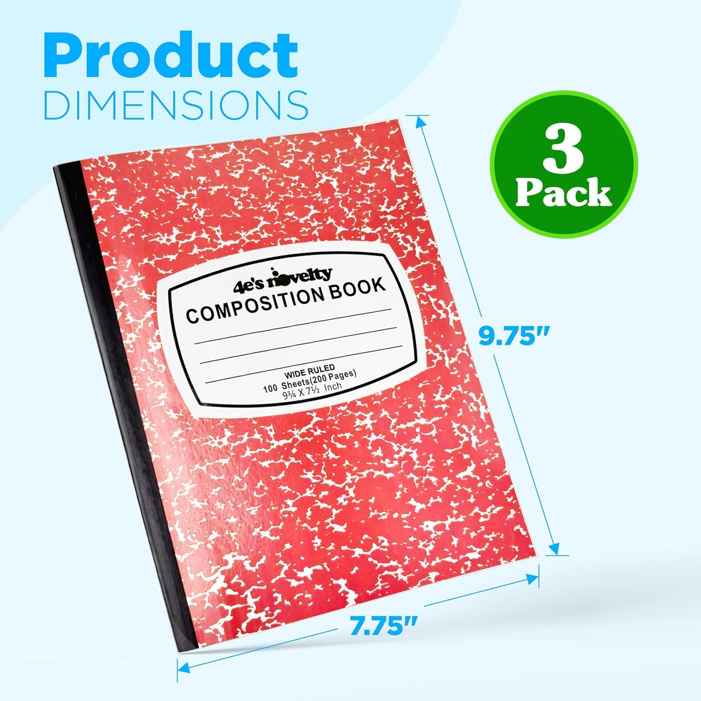 4E's Novelty Wide Ruled Composition Notebooks - Pack of 3-100 Sheets 9.75" x 7.5" - Hard Cover Red Blue Green Cute Marble Colors, Bulk Compositon Book Wide Ruling, Back to School Supplies
