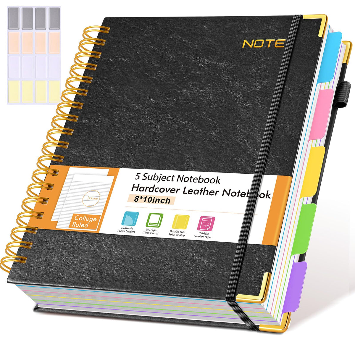 Hardcover Large Spiral Notebook 8.5" x 11" with Removable Dividers Tabs, 300 pages Leather 5 Subject Notebook College Ruled, A4 Journal for Women Men, Notebooks for Work School Note taking,Purple