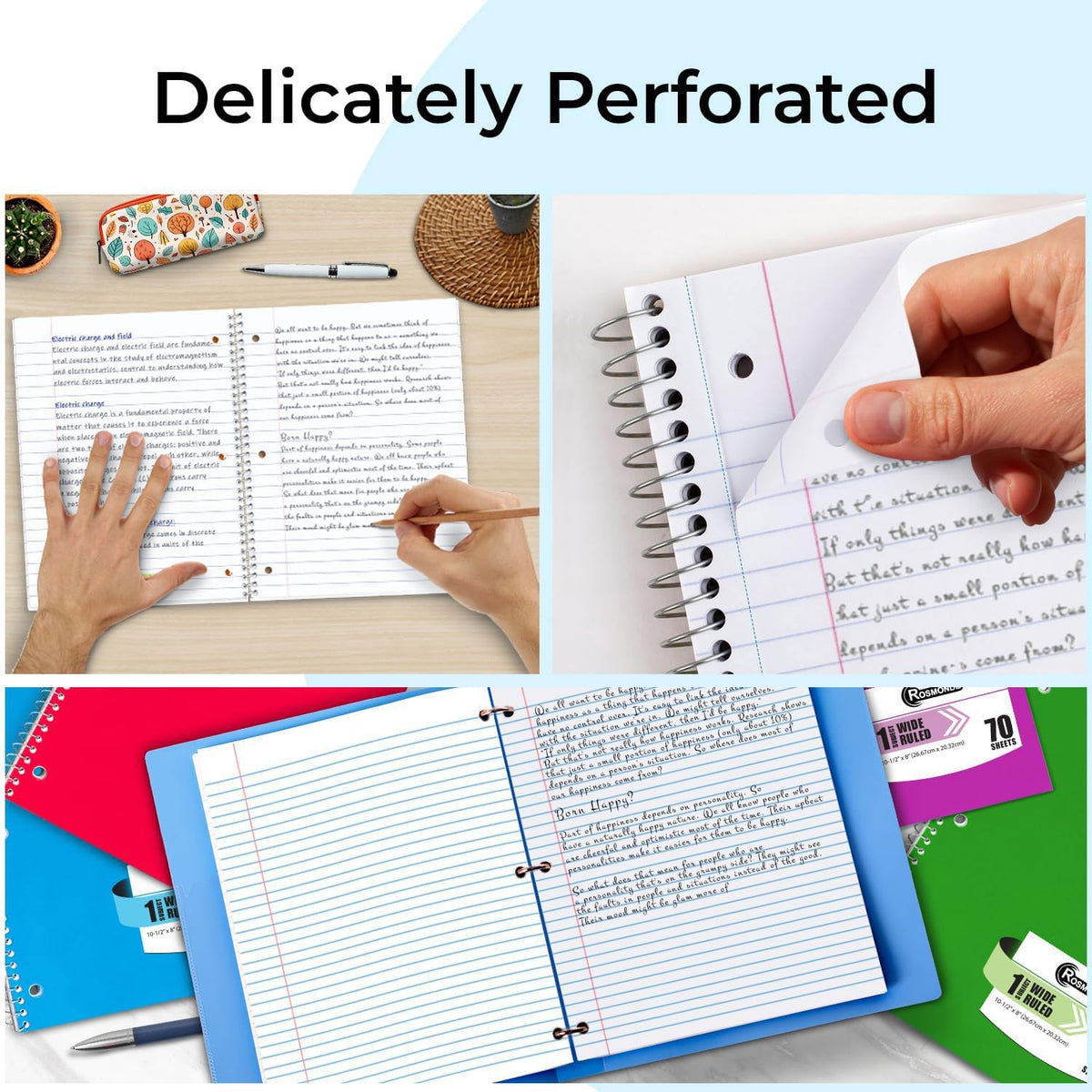 1 Subject Spiral Notebook Bulk, 50 Pack, Wide Ruled, Assorted | Bulk Wide Ruled Notebooks, Thick Paper, 140 Pages (70 Sheets), 8 x 10-1/2", 3 Hole Punched, Bulk Subject Notebook For School