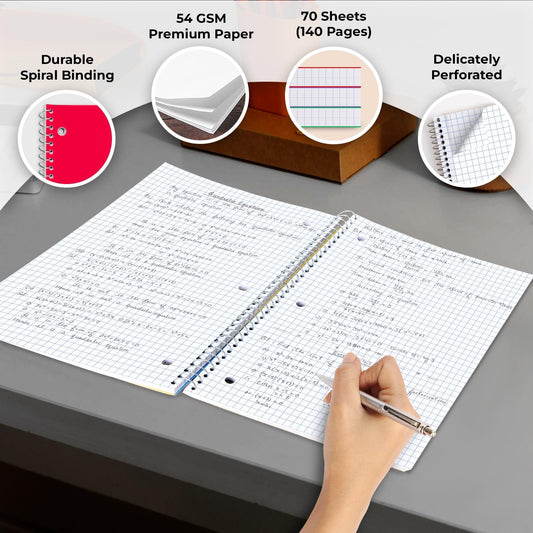 1 Subject Graph Paper Spiral Notebook, 12 Pack, 70 Sheets | Bulk 4x4 Spiral Bound Grid Notebooks, 8 x 10-1/2", 3 Hole Punched, Single Subject Quad Ruled Spiral Notebooks for School