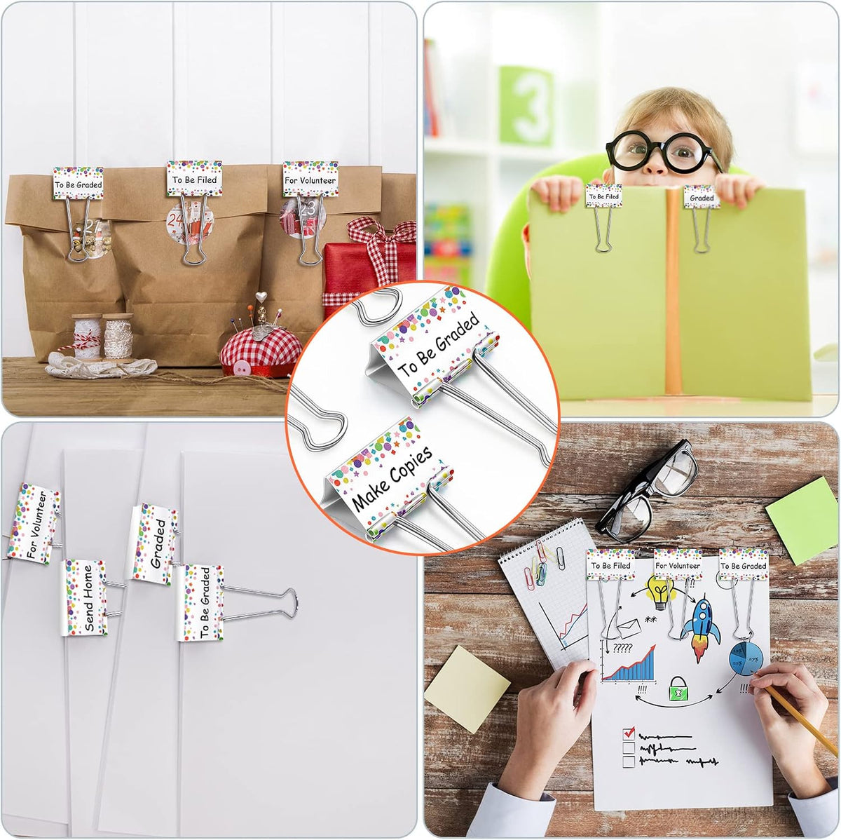 Tenare 6 Pack 2 Inch Teacher Binder Clips, Classroom Paper Organizer | Includes To Be Graded, Make Copies, Graded, Send Home, For Volunteer and To Be Filed for Classroom Management Paper Sorting